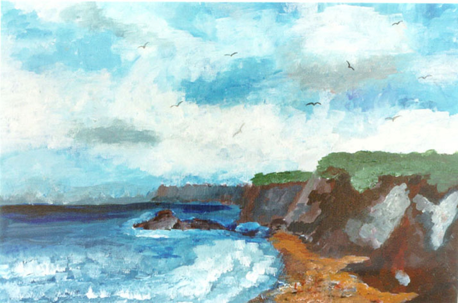 The Alpha, acrylic painting of a wild coast with blue waves, rocky cliffs, a cloud-filled sky and flying birds.