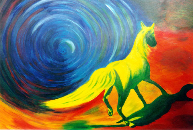 Dance of the Horse, acrylic painting of a yellow and green horse before a blue spiral over a red and orange landscape
