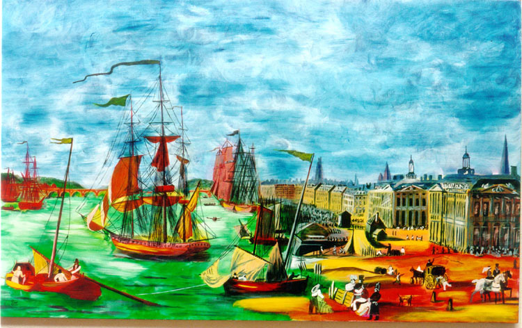 Peinture du port historique de Bordeaux avec voiliers sur la Garonne, quais animés et façades anciennes sous un ciel turquoise.