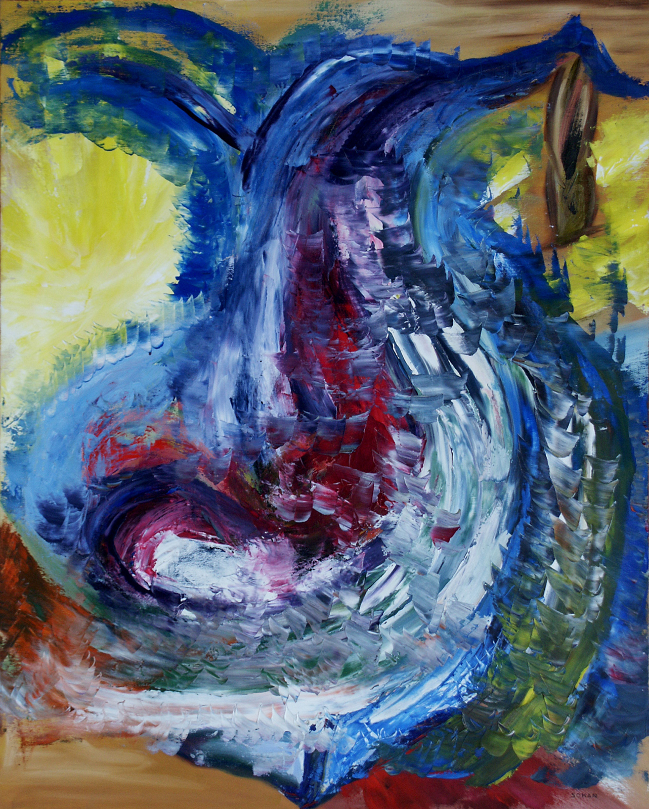 Peinture abstraite L'Origine des Mondes, tourbillon de bleus, rouges, verts et violets, éclairé par un jaune lumineux.
