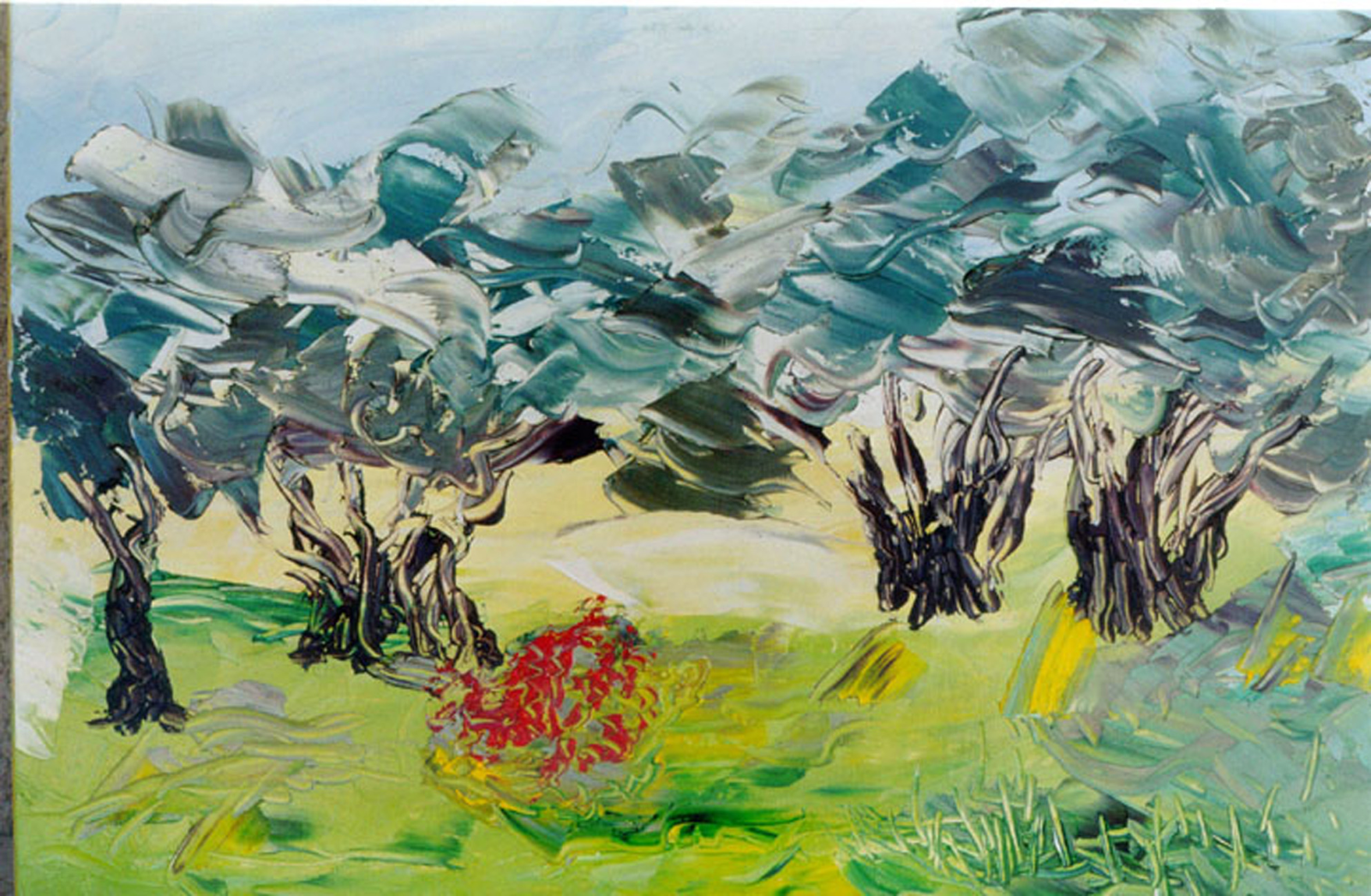An Olive Grove, palette-knife oil painting of silver-leaved olive trees above a green and golden meadow with a red shrub.