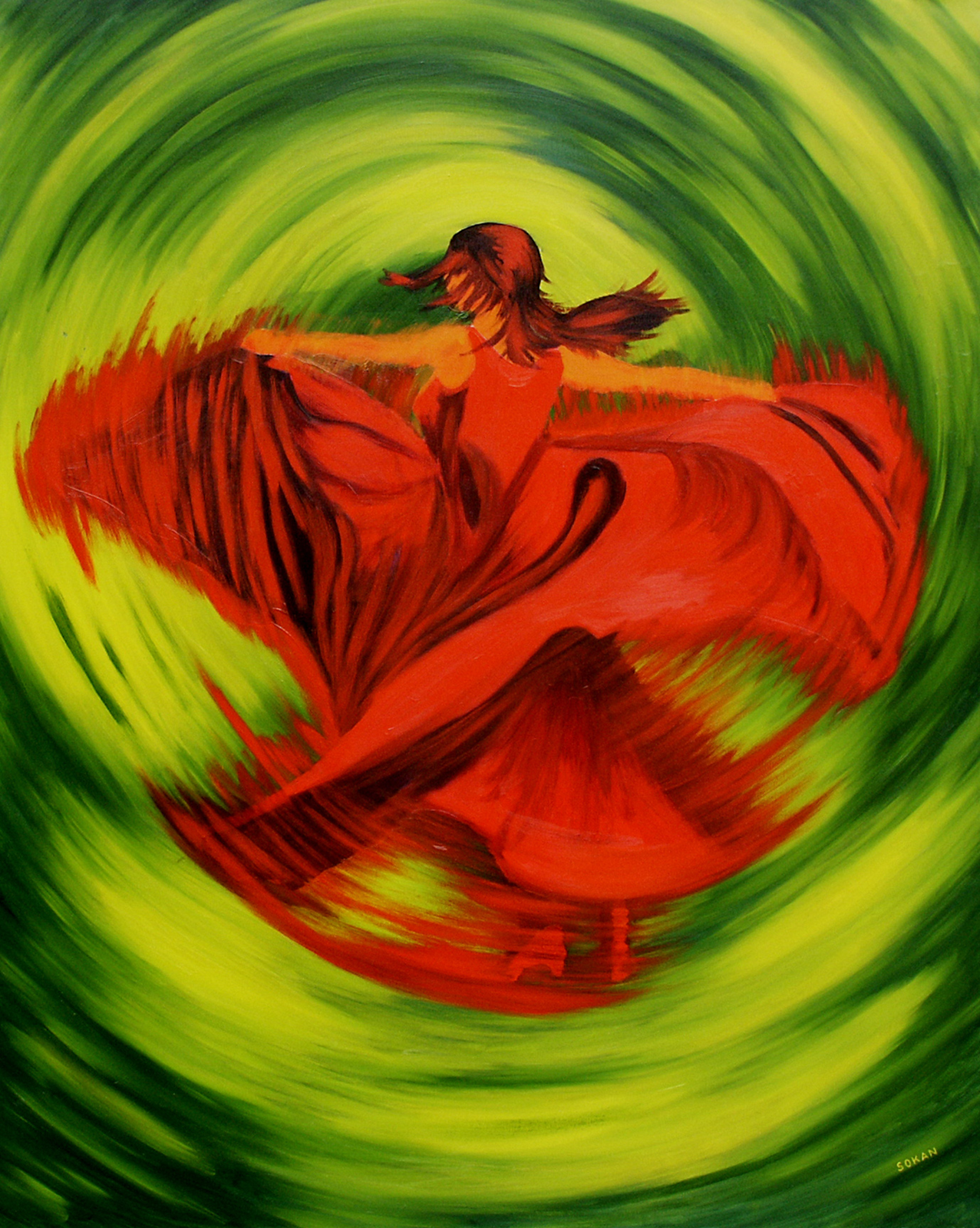 Marie-Jo I, oil painting of a flamenco dancer in a flowing red dress against swirling green and yellow.