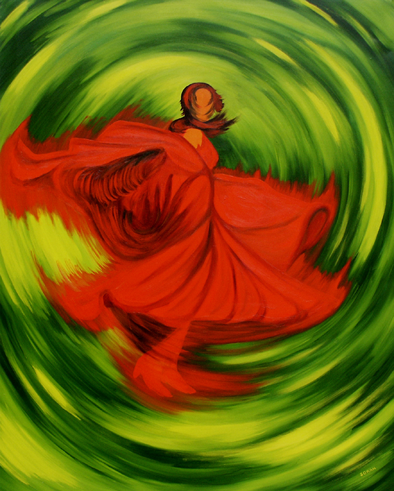 Marie-Jo II, peinture à l’huile d’une danseuse de flamenco en robe rouge dans une spirale verte et jaune.
