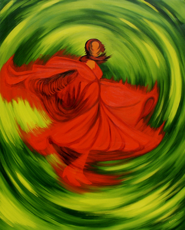 Marie-Jo II, oil painting of a flamenco dancer in a flowing red dress against swirling green and yellow.