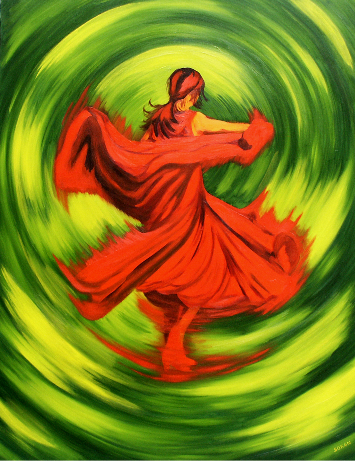 Marie-Jo III, peinture à l’huile d’une danseuse de flamenco en robe rouge dans une spirale verte et jaune.