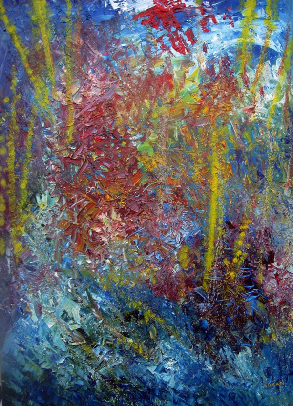The Breath of Chromatic Mists, original oil painting in portrait format by SokanRed