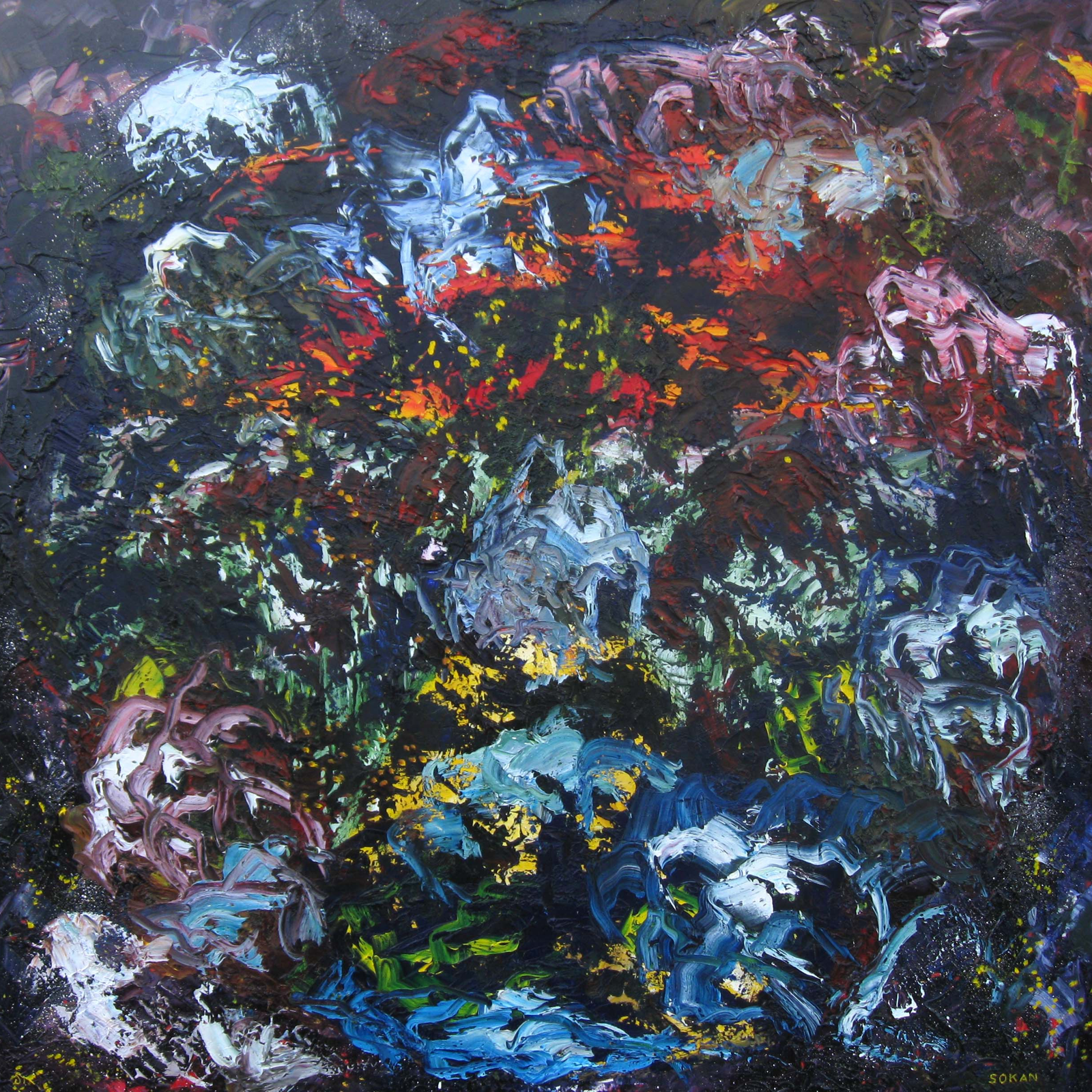 Symphony of Hidden Worlds, square abstract painting by SokanRed with deep blues, reds and flashes of light