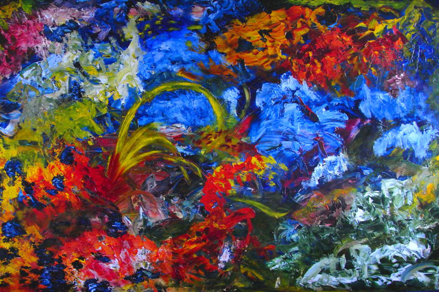 The Gardens of Breathing Light, abstract painting by SokanRed with intense blues, fiery reds, greens and luminous highlights