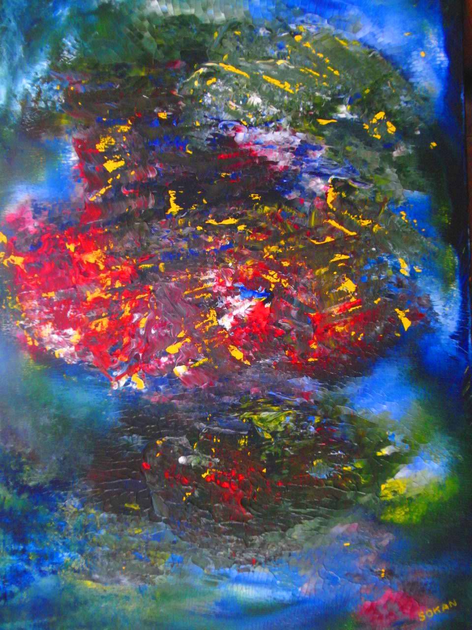Le Cœur des Mondes, peinture originale abstraite de SokanRed, acrylique sur toile, portrait