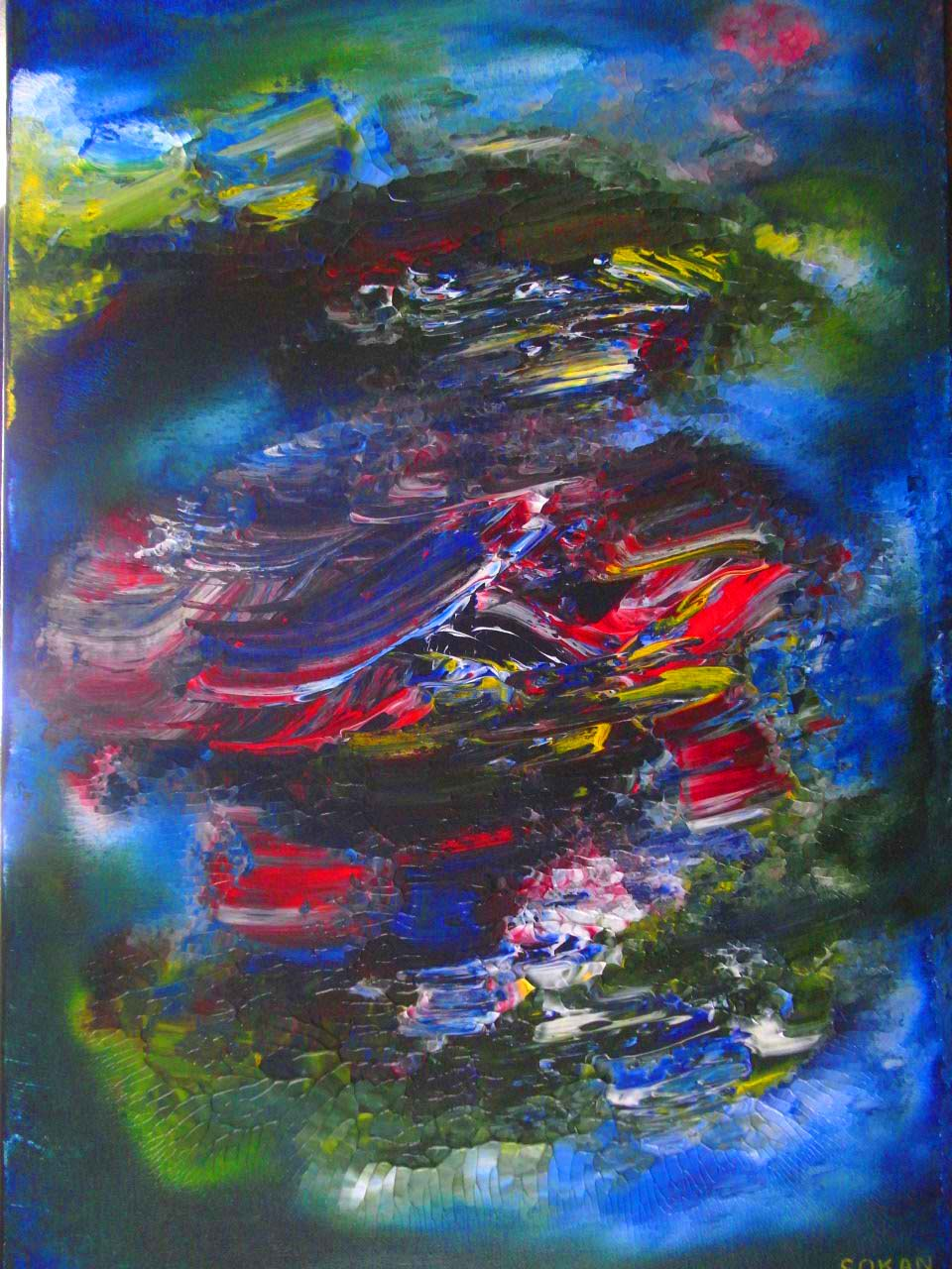 Le Cœur de l’Éther, peinture abstraite originale de SokanRed, acrylique sur toile, format portrait