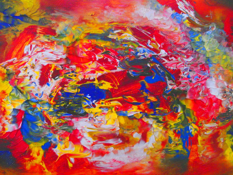 The Rise of Celestial Fire, original abstract acrylic painting by SokanRed, landscape in vivid reds, blues and yellows