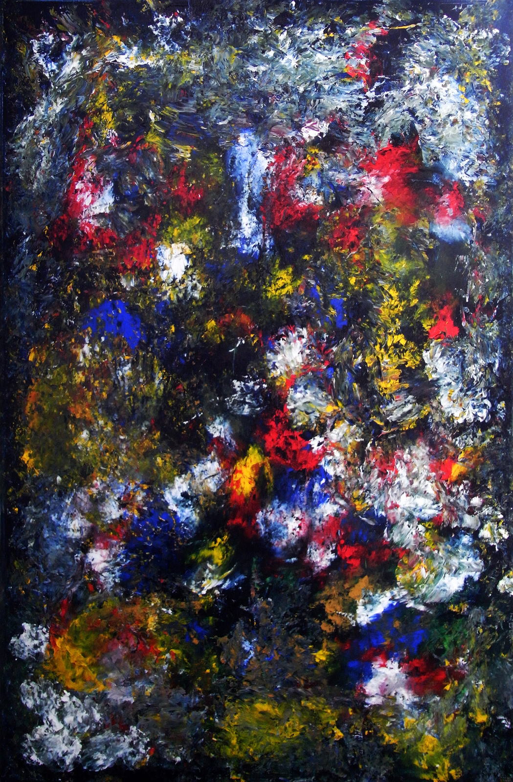 The Gardens of Chaos, original abstract painting by SokanRed, red, blue, yellow and white bursts in a vertical composition