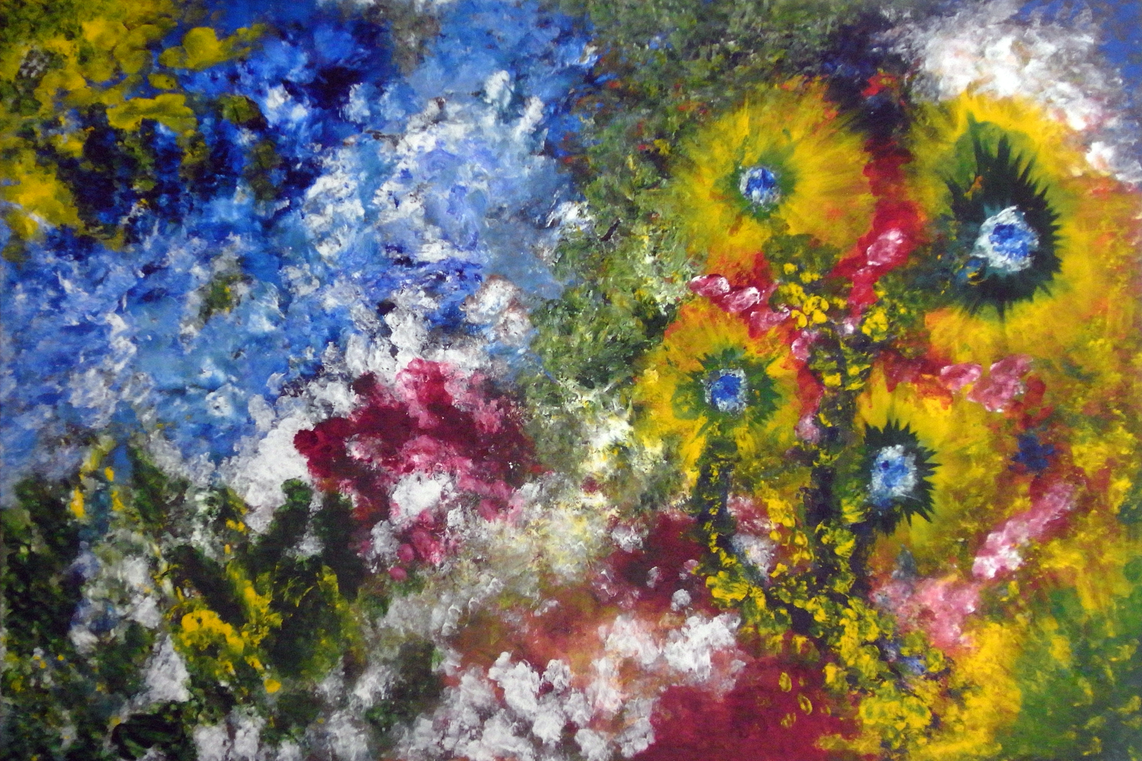 The Garden of Celestial Flames, abstract landscape painting by SokanRed with yellow flowers, deep blues, greens and reds